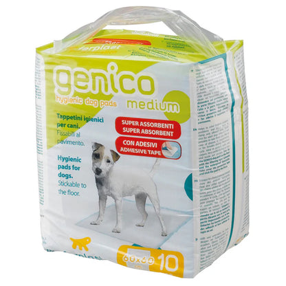 Package of genico hygienic dog pads with a dog illustration on a white background