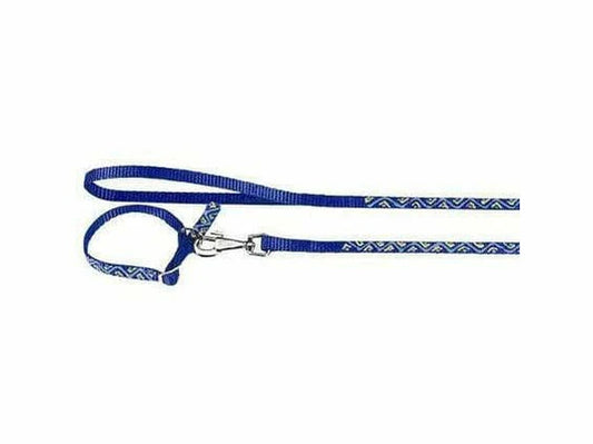 Blue dog leash with white pattern on a white background