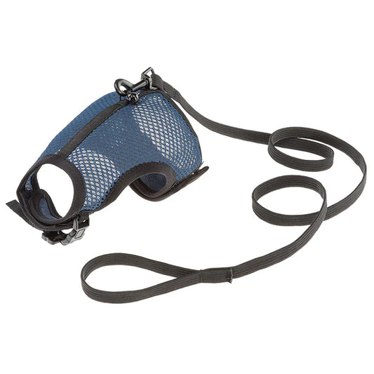 Blue mesh dog muzzle with black strap on a white background
