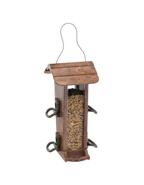 Wooden bird feeder with a seed tray on a white background