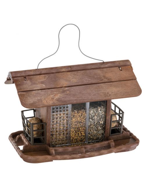 Wooden bird feeder with metal compartments on a white background