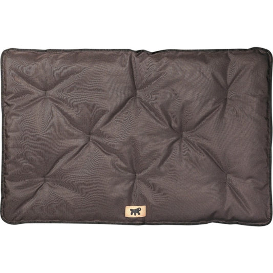 Brown quilted pet bed with a brand logo on a white background