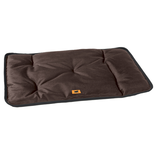 Brown pet bed with a brand logo on a white background