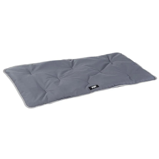 Gray pet bed with a brand logo on a white background