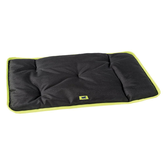 Black pet bed with green trim on a white background