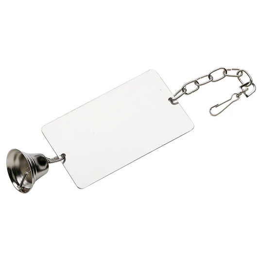 Metal bell with a chain and blank tag on a white background 