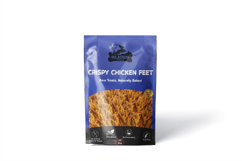 Package of Crispy Chicken Feet treats with a blue label on a white background