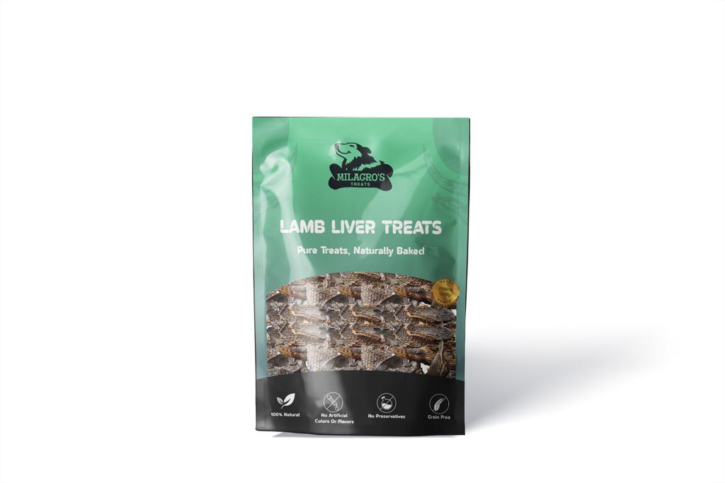 Package of lamb liver treats with a green label on a white background