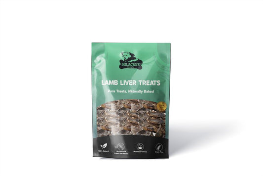 Package of lamb liver treats with a green label on a white background