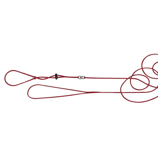Red dog leash with a black clip on a white background