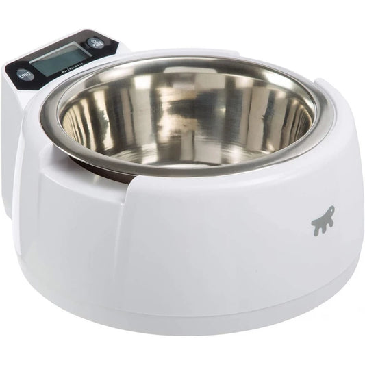 White pet bowl with digital scale on a white background