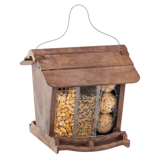 Wooden bird feeder with seeds on a white background