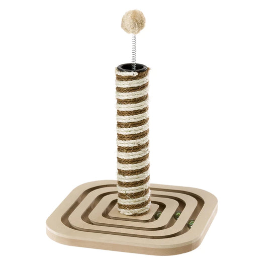 Cat scratching post with striped design on a white background