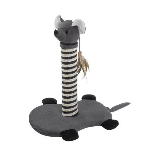 Cat toy with striped pole and gray base on a white background