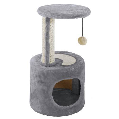 Gray cat tree with a round platform and scratching post on a white background