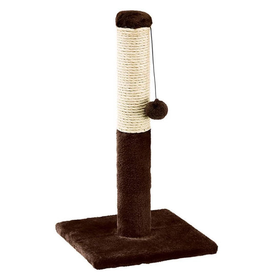 Cat scratching post with a ball on top against a white background