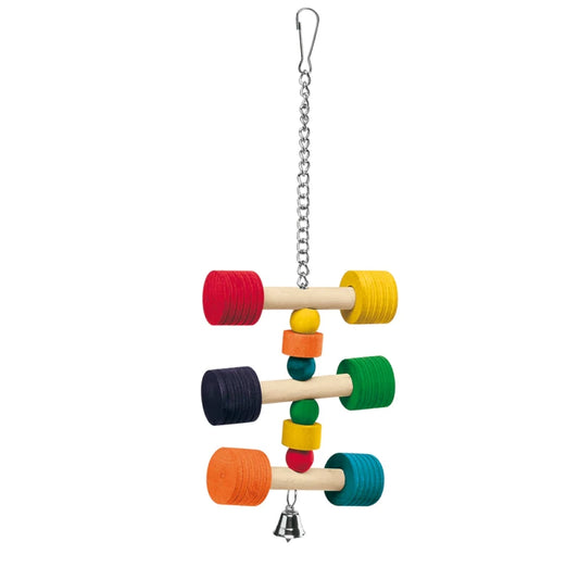 Colorful bird toy with wooden bars and colorful rings on a white background