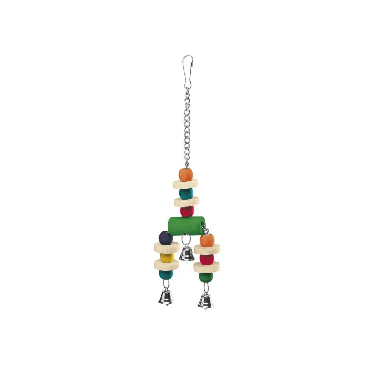 Colorful bird toy with wooden blocks and bells on a white background