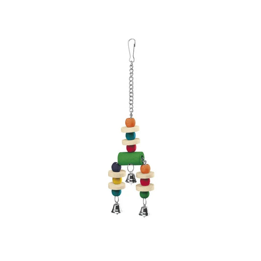Colorful bird toy with wooden blocks and bells on a white background
