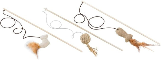 Set of cat toys on sticks with various shapes and textures on a white background