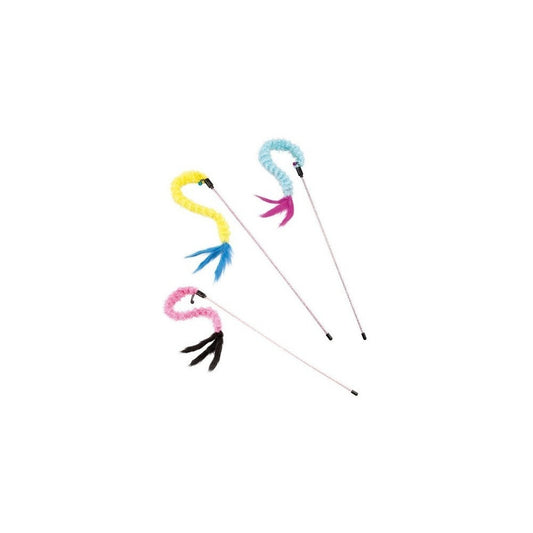 Three colorful cat toys on sticks with a white background