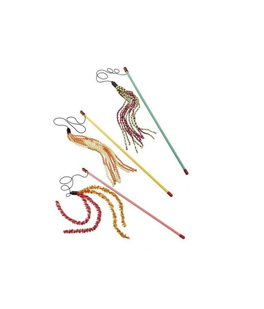 Three colorful cat toys with beads on sticks against a white background