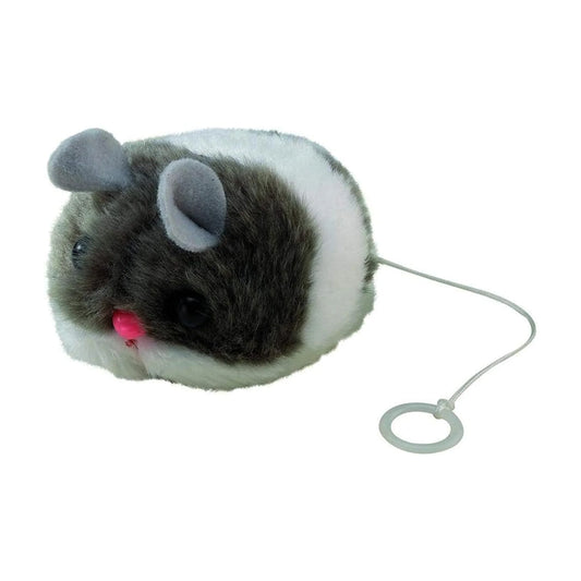 Plush toy mouse with a string on a white background