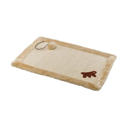 Cat scratcher with beige border and brown paw design on a white background
