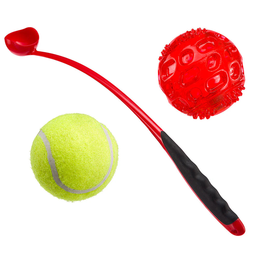 Dog toy set with a red ball, green tennis ball, and red handle on a white background