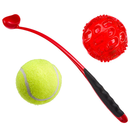 Dog toy set with a red ball, green tennis ball, and red handle on a white background