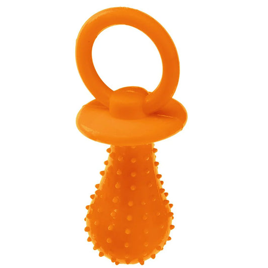 Orange baby teether with a ring on a white background