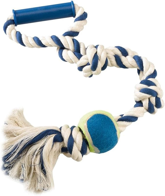 Blue and white rope dog toy with a ball on a white background