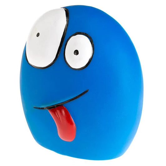 Blue character with a white face, black eyes, and red tongue on a white background