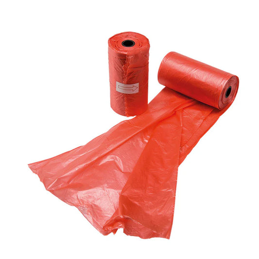 Two rolls of red plastic sheeting on a white background