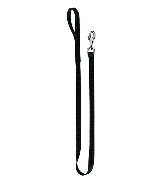 Black dog leash with a metal clip on a white background