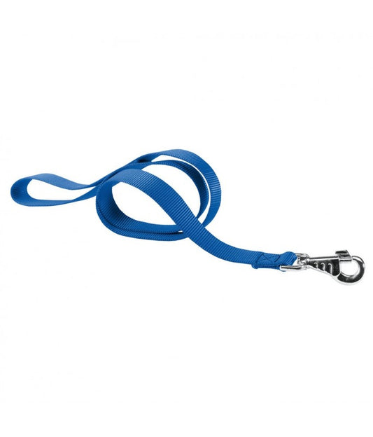 Blue dog leash with a metal clip on a white background