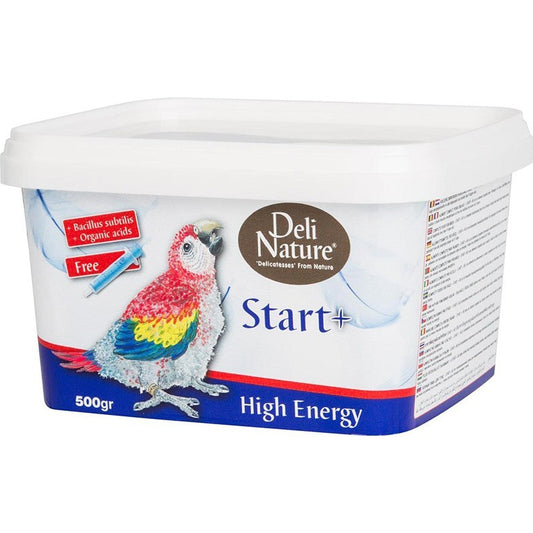 Deli Nature High Energy food container for birds with a parrot illustration on a white background