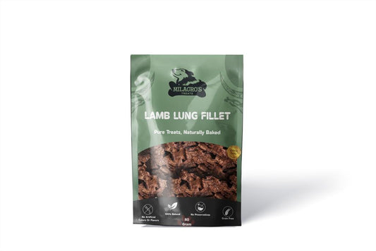 Packaged lamb lung fillet treat with Milagro's branding on a white background