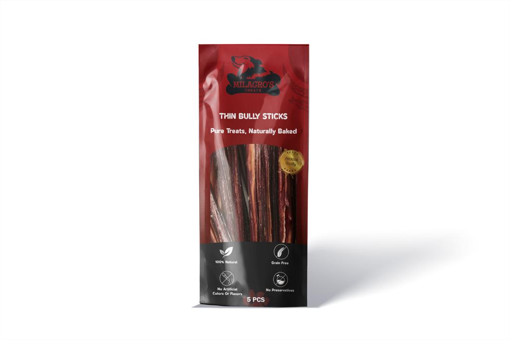 Package of Thin Bully Sticks with branding and product details on a white background