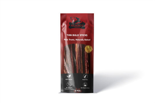 Package of Thin Bully Sticks with branding and product details on a white background