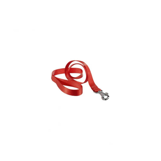 Red dog leash with a silver clip on a white background