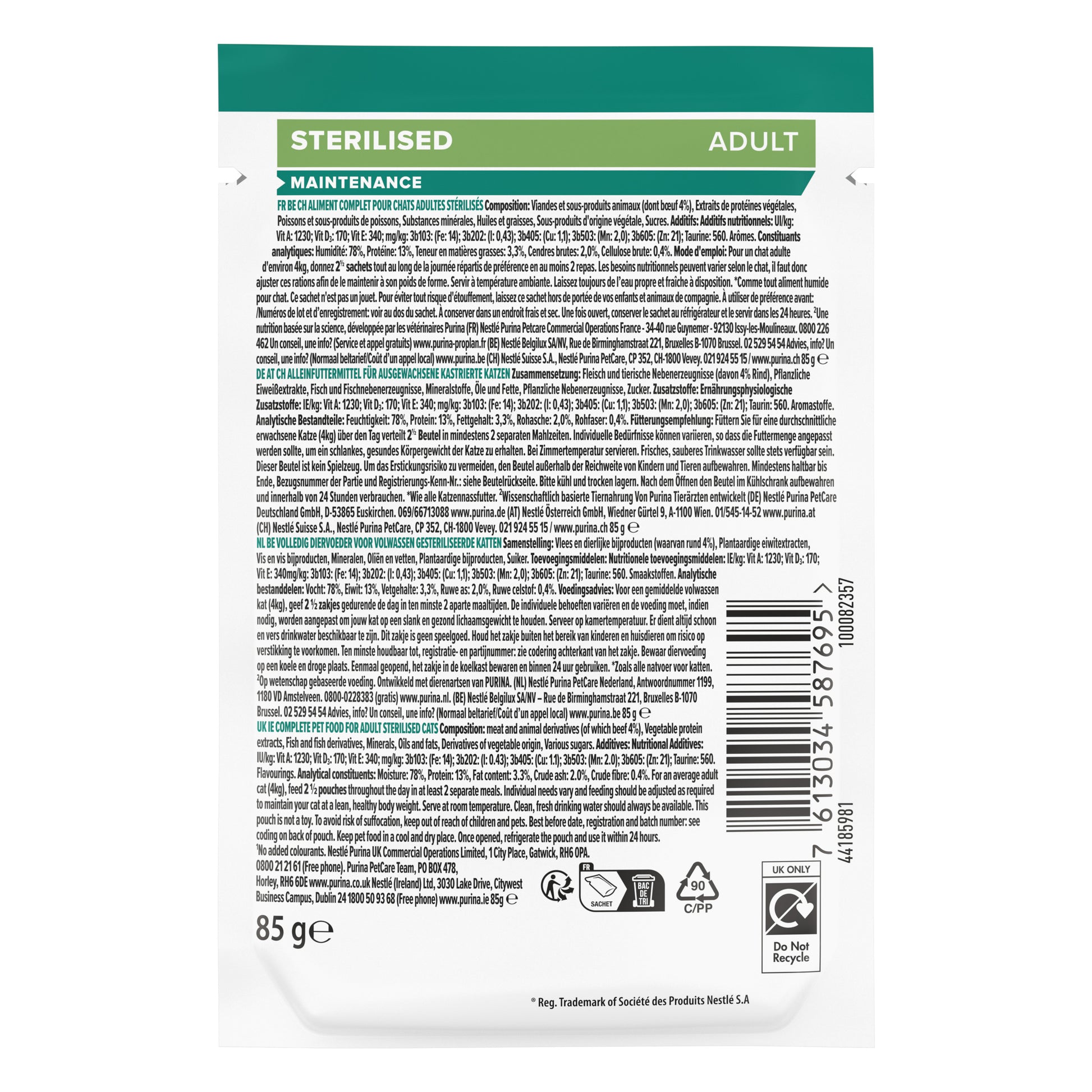 Pet food packaging with text and labels