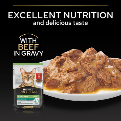 Cat food packaging with beef in gravy on a black background