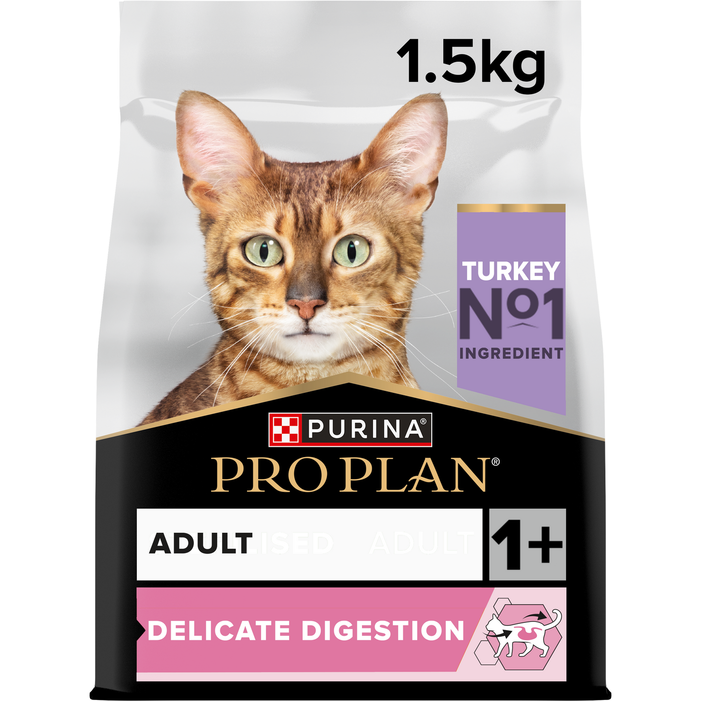 A package of Pro Plan Adult Delicate Digestion dry cat food with a picture of a cat on the front, indicating the turkey ingredient and the product weight of 1.5kg.