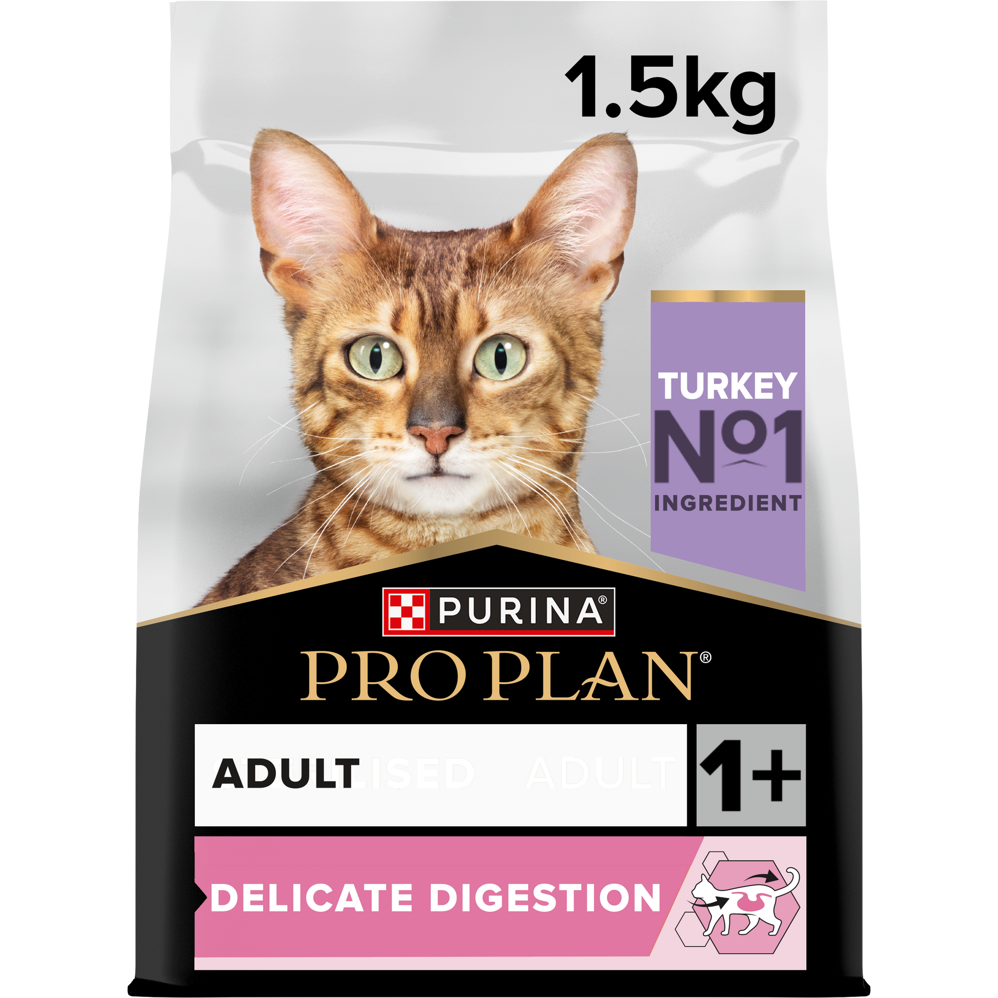 A package of Pro Plan Adult Delicate Digestion dry cat food with a picture of a cat on the front, indicating the turkey ingredient and the product weight of 1.5kg.
