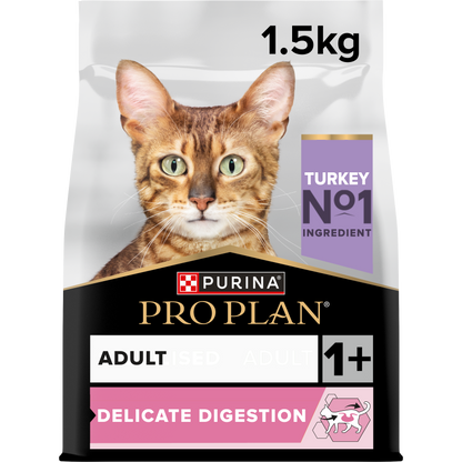 A package of Pro Plan Adult Delicate Digestion dry cat food with a picture of a cat on the front, indicating the turkey ingredient and the product weight of 1.5kg.