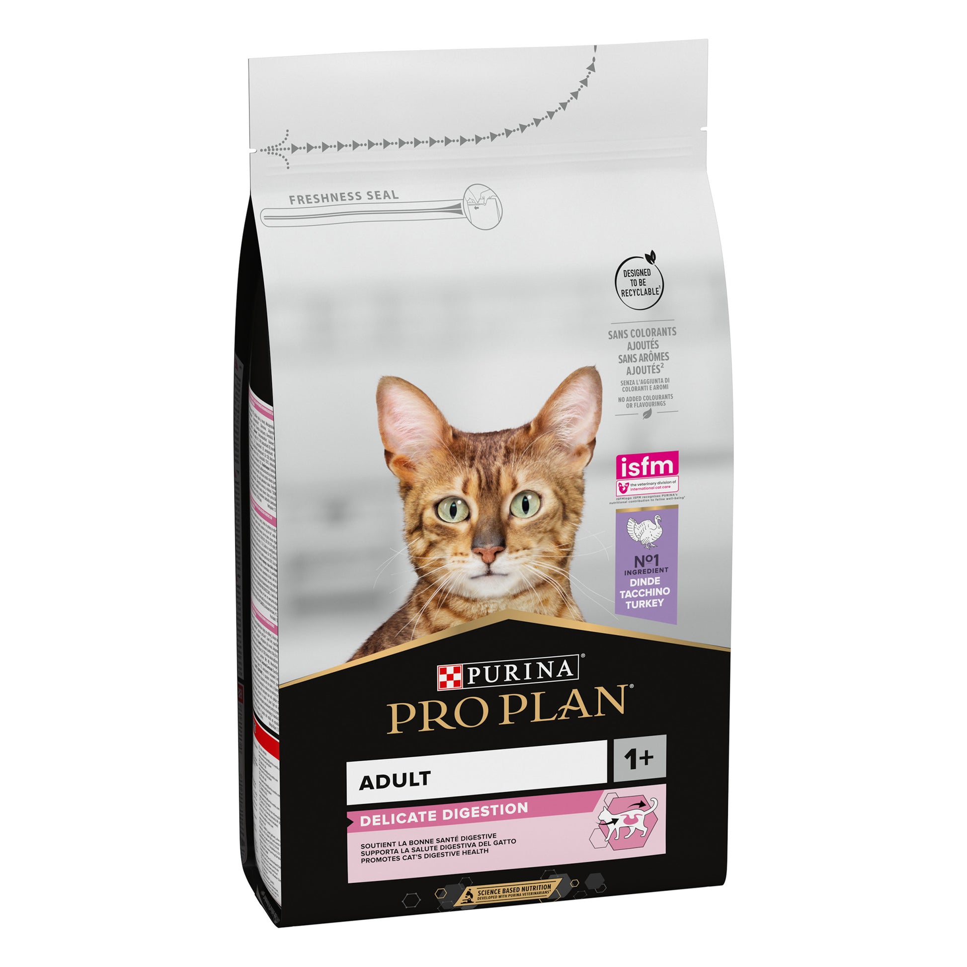 Cat food package with a cat's face on the side on a white background
