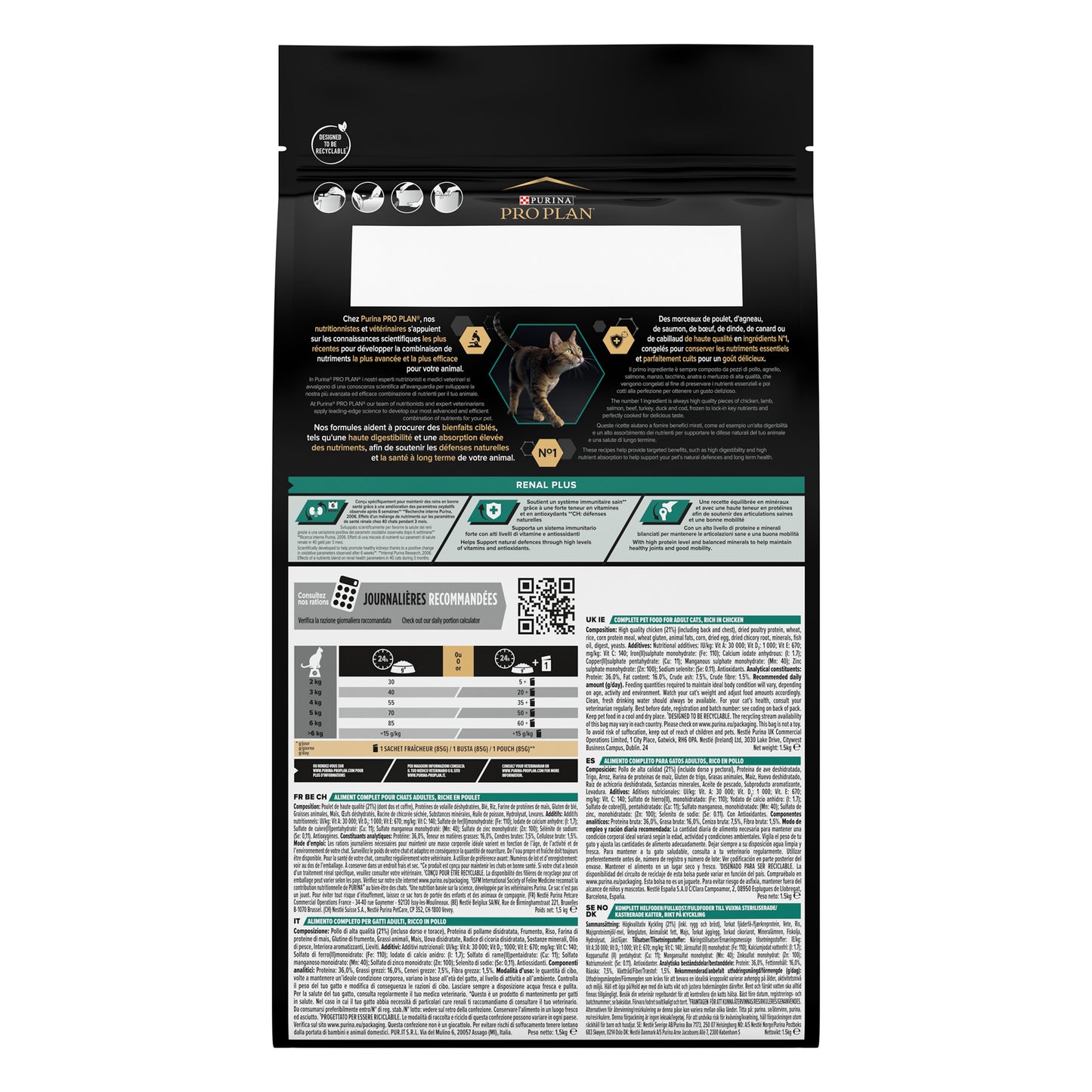 Pet food packaging with detailed text and graphics