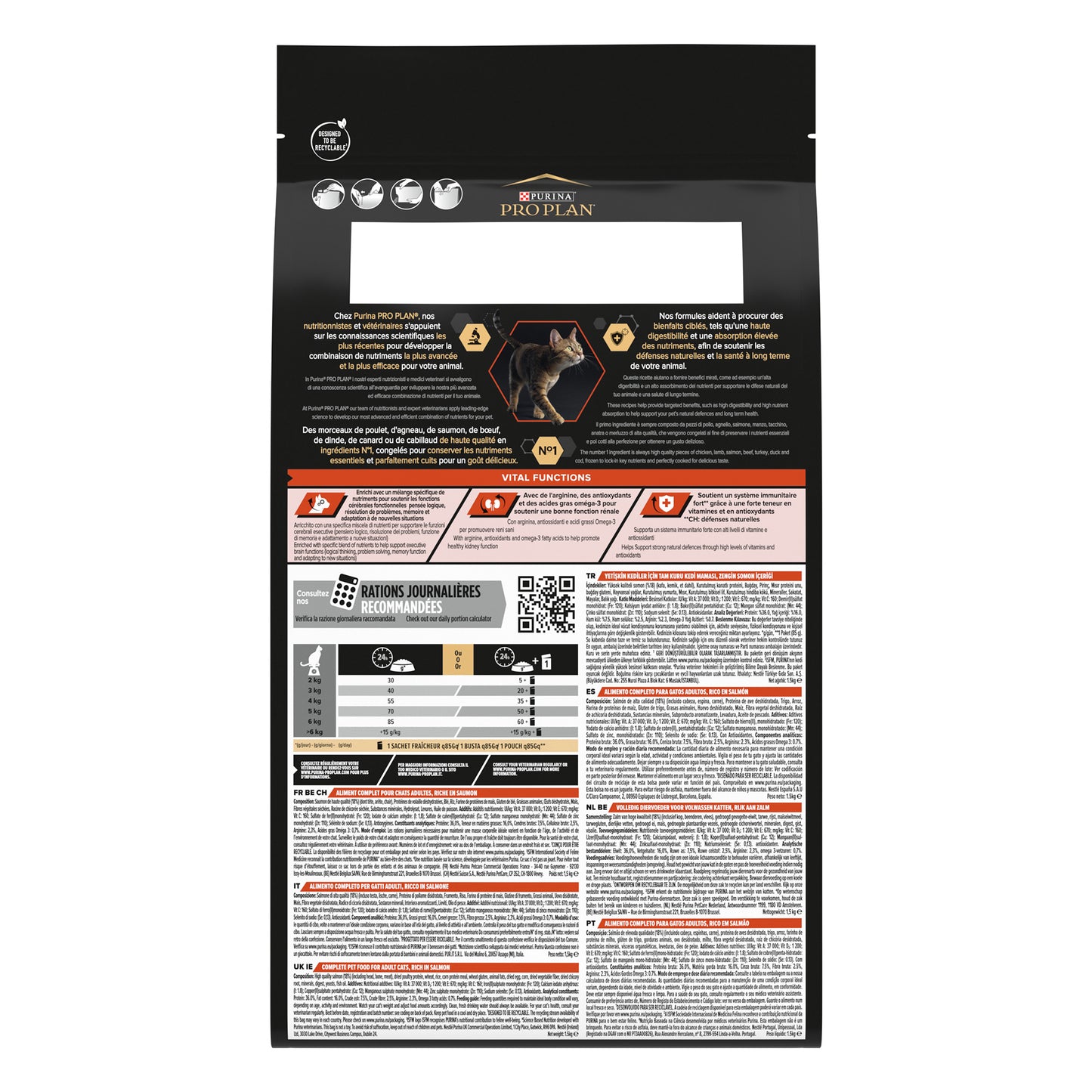 Pet food packaging with detailed text and graphics
