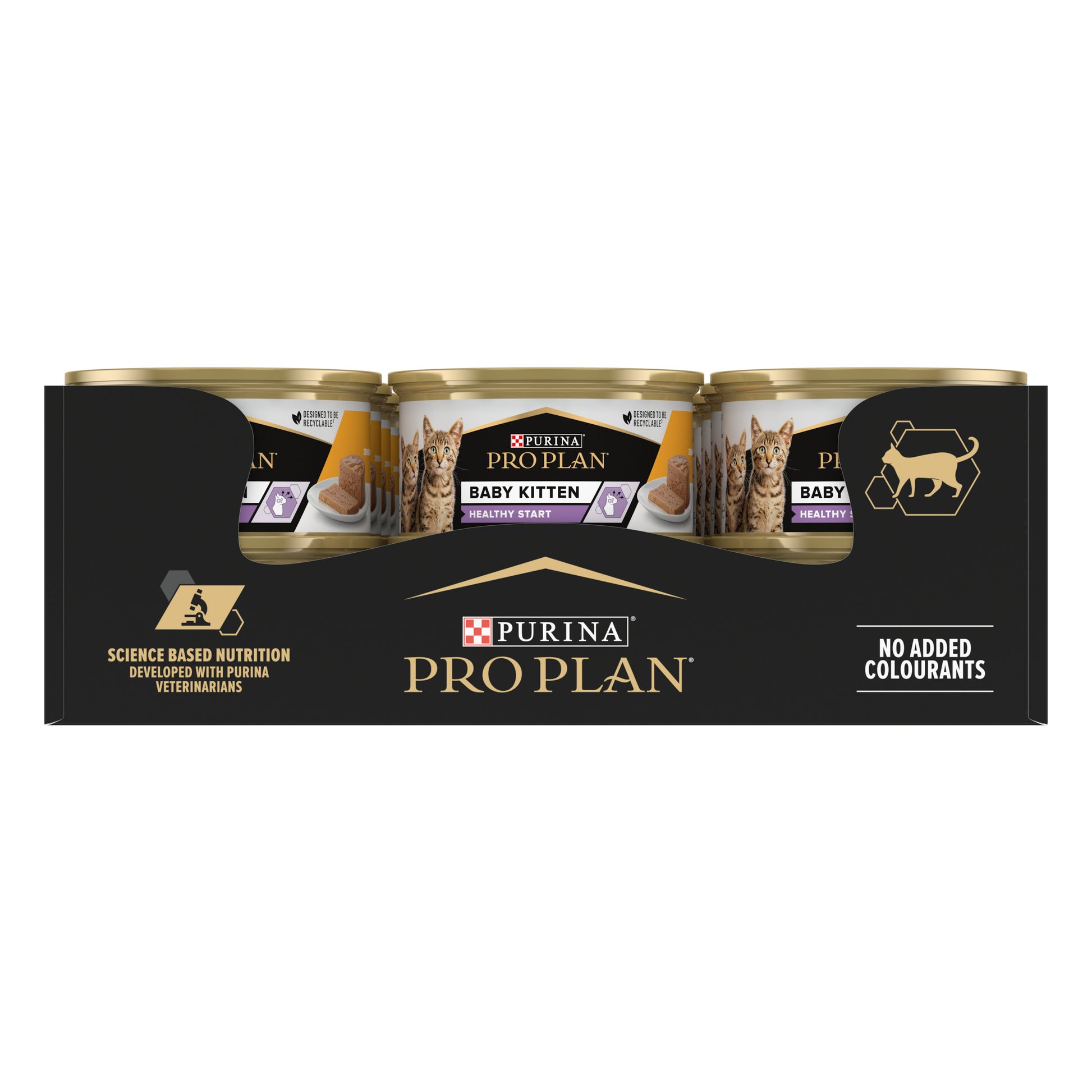 Packaging of Purina Pro Plan cat food cans on a white background